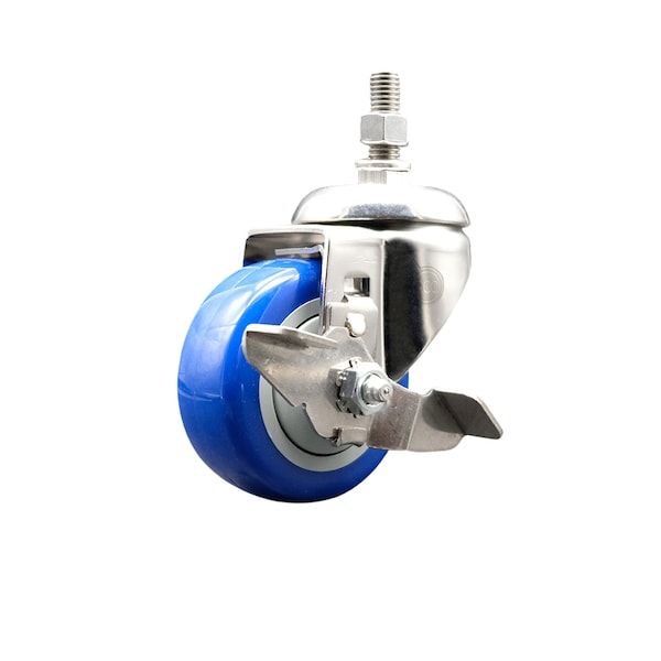 Service Caster 3 Inch 316SS Blue Polyurethane Swivel 1/2 Inch Threaded Stem Caster with Brake SS316TS20S314-PPUB-BLUE-TLB-121315 - main